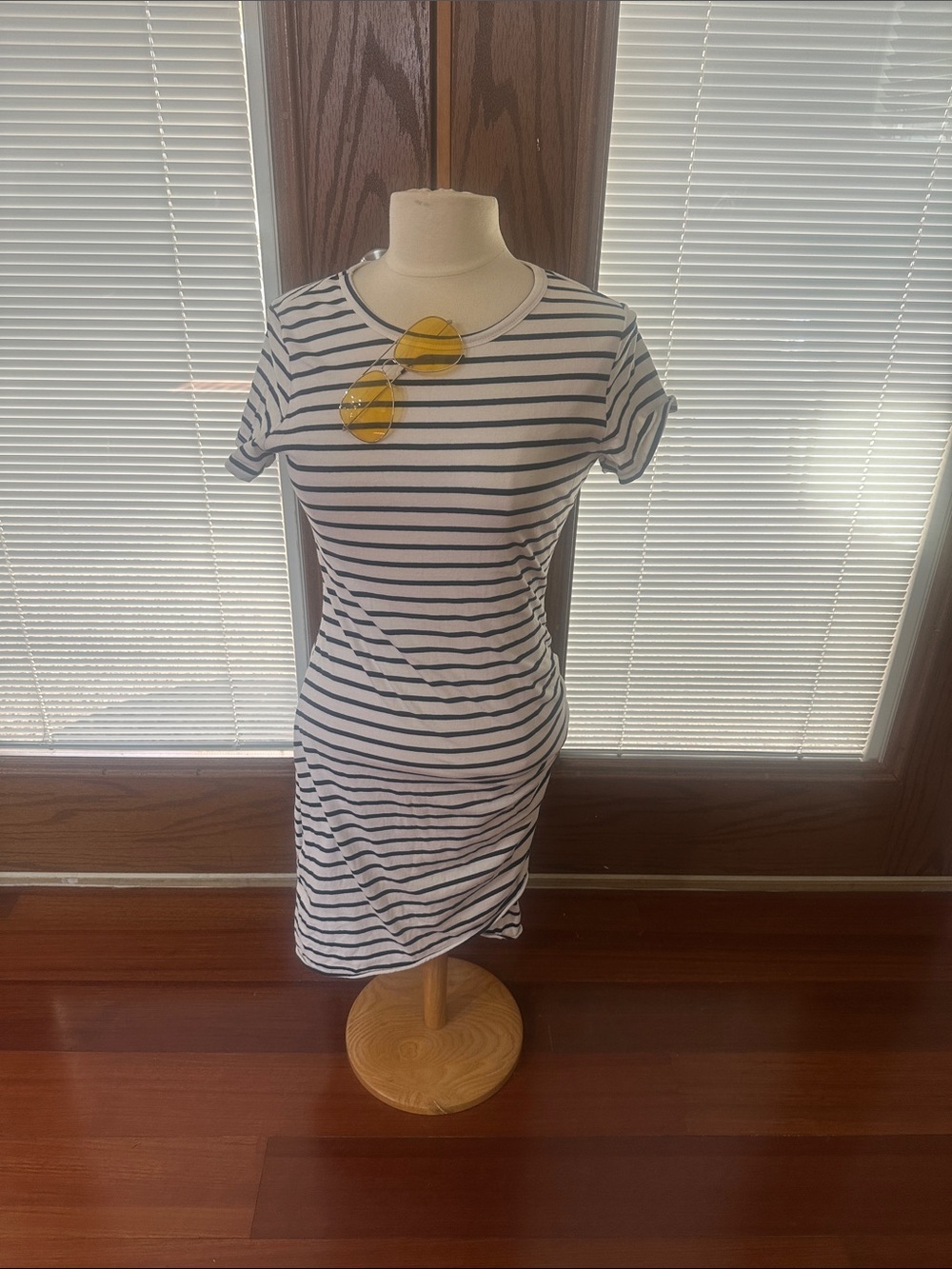 Striped Asymmetrical Tee Dress in White and Navy